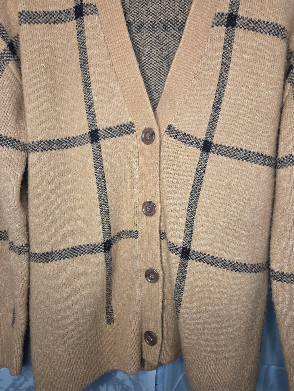 Ann Taylor Camel Plaid Button Front Cardigan - Picture 2 of 7